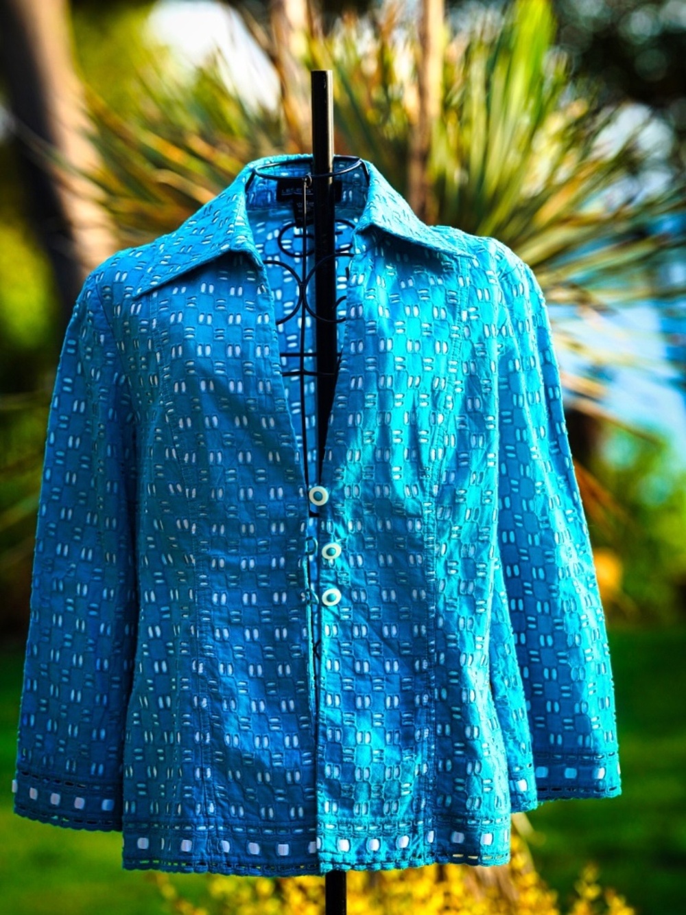 Leslie Stuart Turquoise Blue Eyelet Button-Front Jacket - Size 12